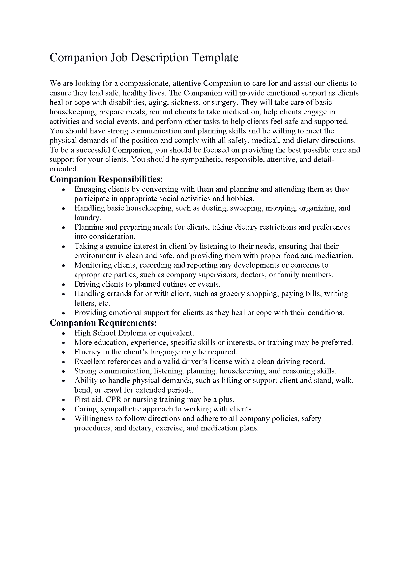 Companion Job Description Template